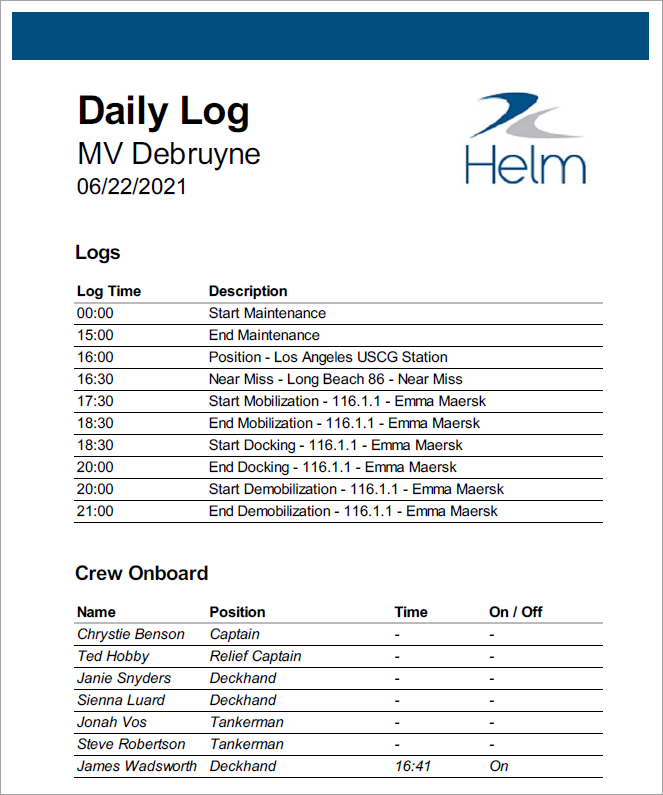 Reporting in Helm CONNECT Logbook