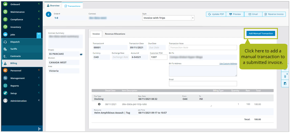 adding manual transactions to submitted invoices